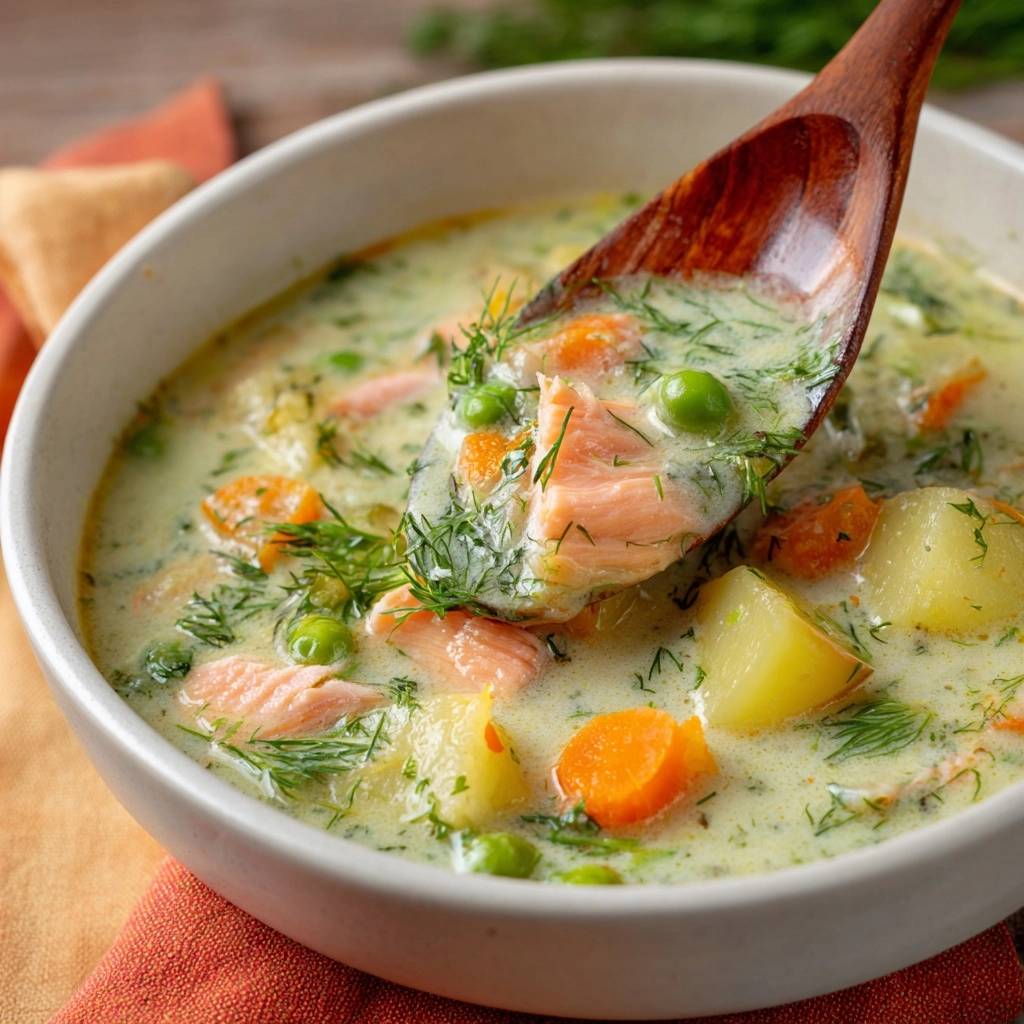 Cremige Lachs Kartoffel Suppe Lffel Nahaufnahme 1 Cremige Lachs-Kartoffel-Suppe mit Dill, serviert auf einem Holzlöffel mit nahaufnahme der Zutaten.