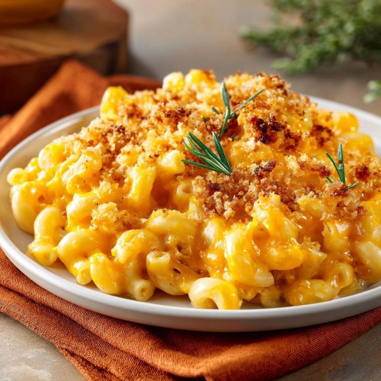 Cremige Mac und Cheese mit Knusperkruste auf einem Teller, garniert mit frischem Rosmarin und knusprigen Semmelbröseln.
