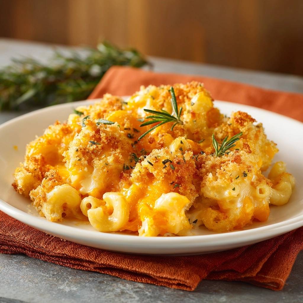 Cremige Mac Und Cheese Nahaufnahme Garniert 1 Cremige Mac und Cheese mit Knusperkruste, nah aufgenommen und mit Rosmarin garniert.
