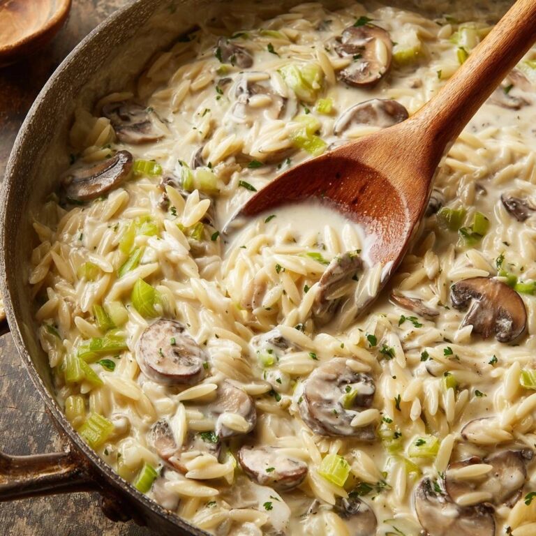 Cremige Pilz-Orzo-Pfanne mit einem Holzlöffel, der die cremige Textur und Pilzscheiben zeigt.