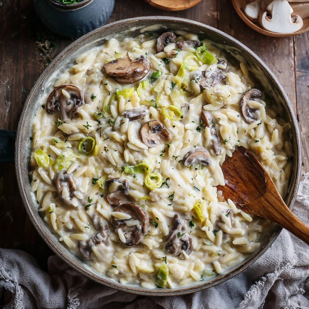 Cremige Pilz Orzo Pfanne Nahaufnahme Holzloeffel 1 Cremige Pilz-Orzo-Pfanne mit Pilzen und Lauch, serviert in einer Pfanne mit einem Holzkochlöffel.