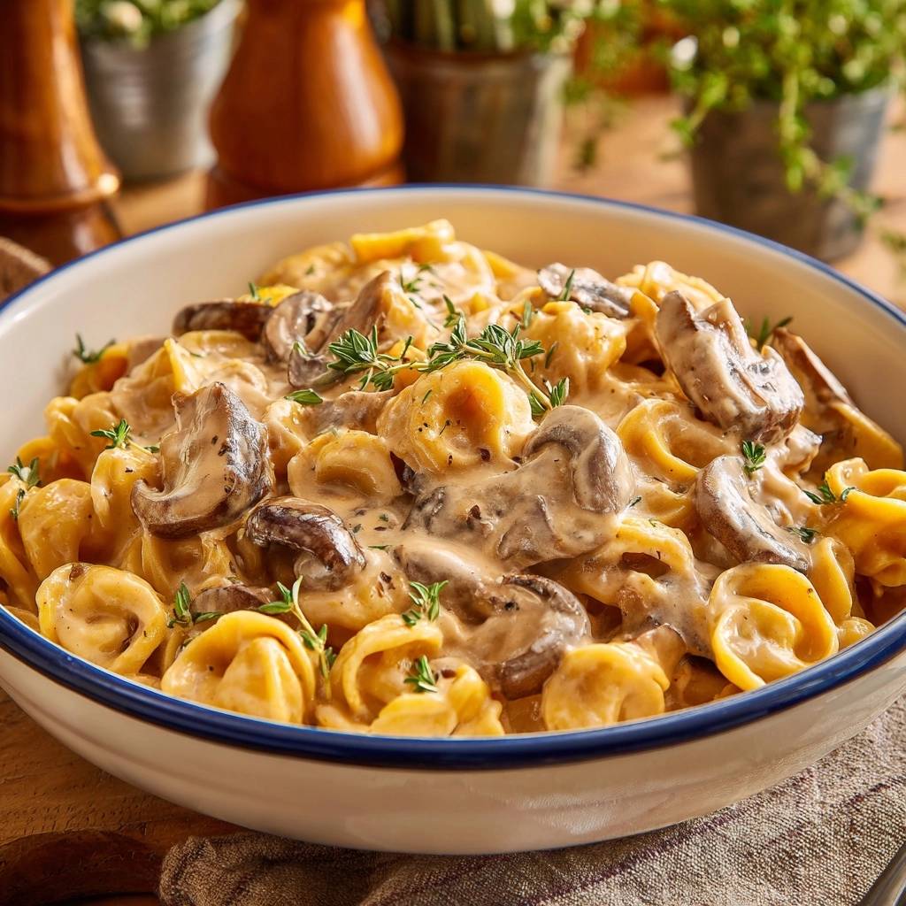 Cremige Pilz-Tortellini mit Pilzen und frischen Kräutern als Nahaufnahme in einer Schüssel.