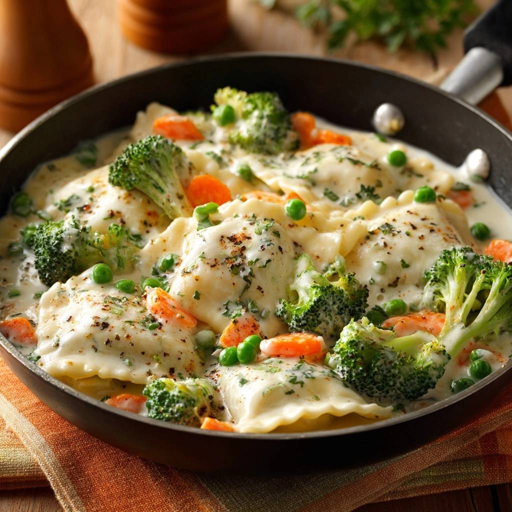Cremige Ravioli Gemuese Pfanne Nahaufnahme Mit Brokkoli 1 Cremige Ravioli-Gemüse-Pfanne mit Brokkoli, Karotten und Erbsen in einer cremigen Sauce, eine Nahaufnahme.
