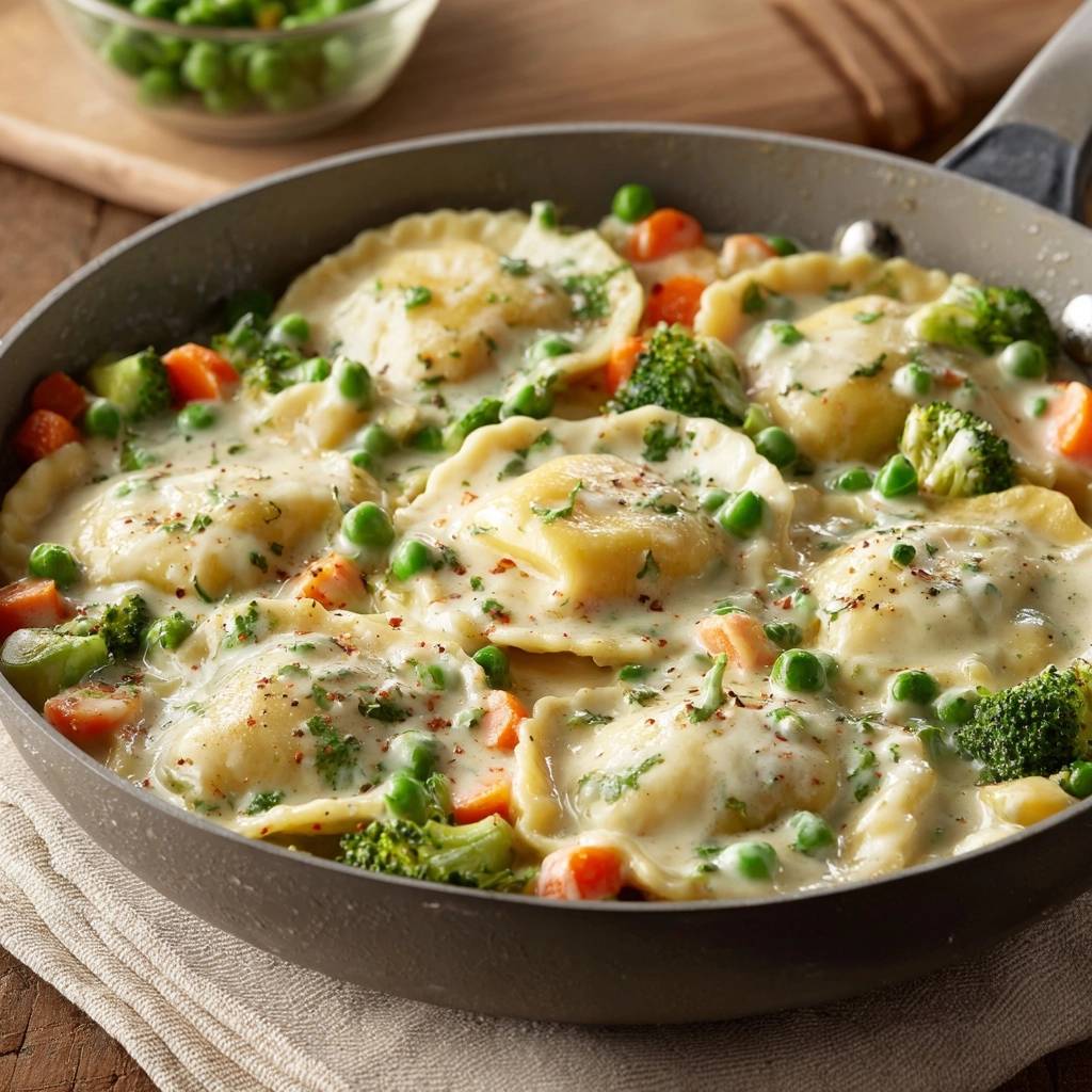 Cremige Ravioli Gemuese Pfanne Nahaufnahme Sauce 1 Cremige Ravioli-Gemüse-Pfanne mit reichlich Soße, Nahaufnahme der gefüllten Ravioli im Topf.
