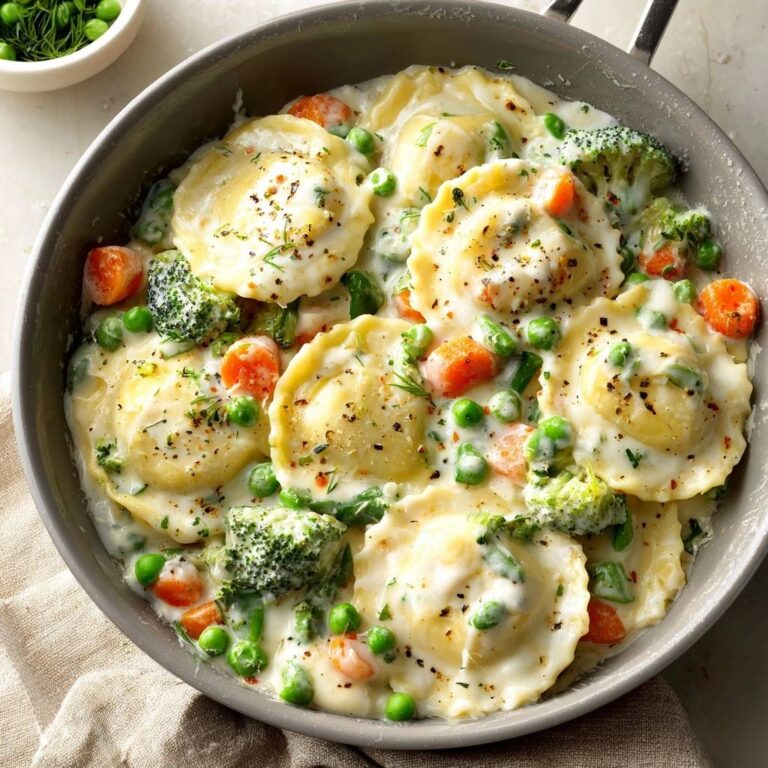 Cremige Ravioli-Gemüse-Pfanne mit Brokkoli und Karotten in einer Pfanne von oben fotografiert.