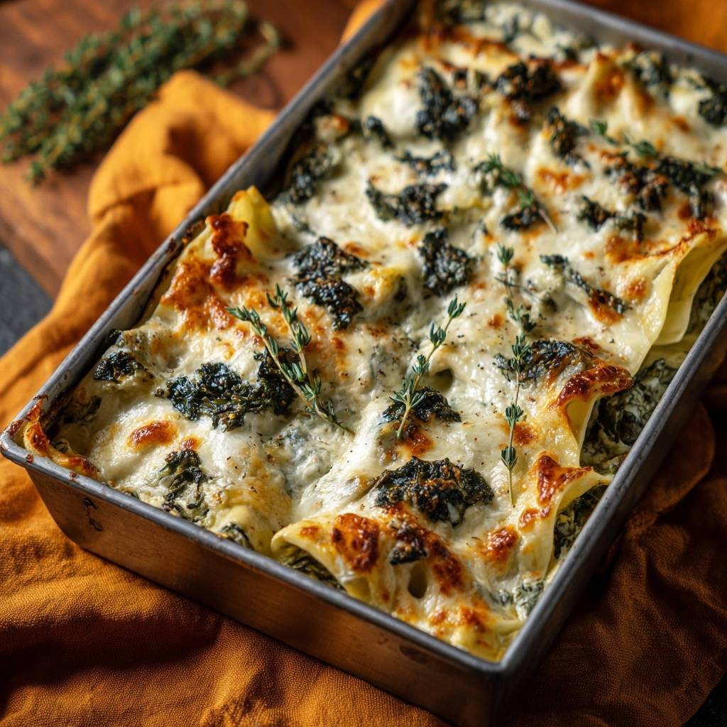 Cremige Spinat-Ricotta-Lasagne, frisch gebacken und mit Thymian garniert, in einer metallenen Auflaufform.