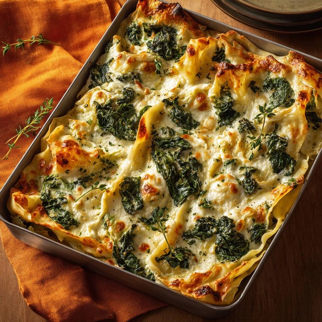 Cremige Spinat-Ricotta-Lasagne im Backblech, frisch gebacken mit geschmolzenem Käse und Kräutern garniert.