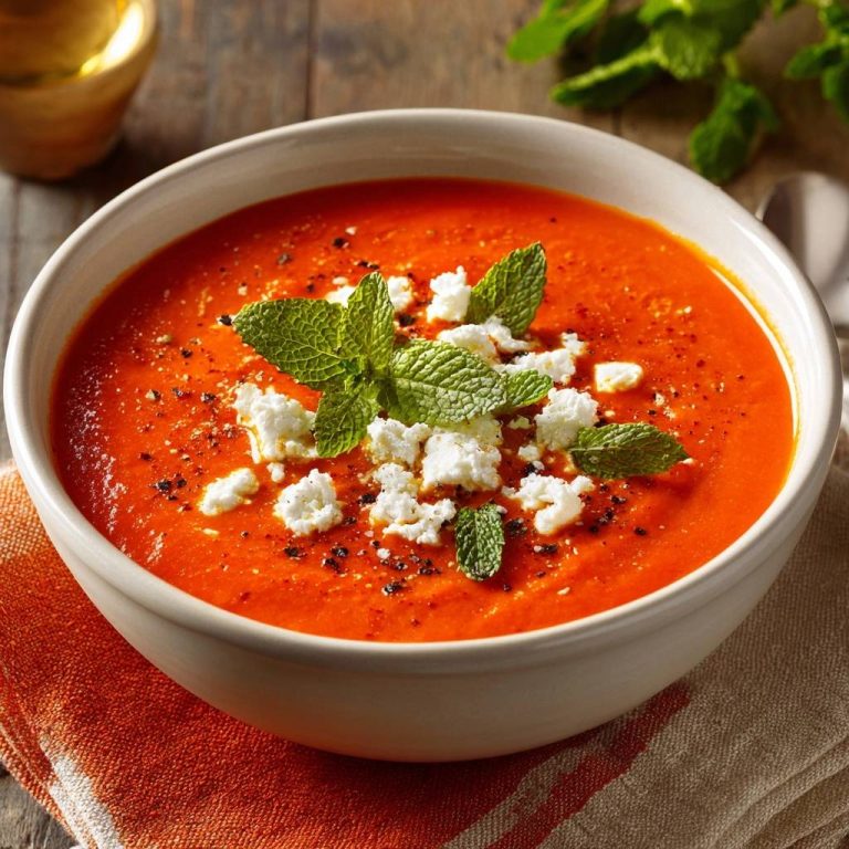 Cremige Tomatensuppe mit Feta und Minze, nahaufnahme der Garnitur aus zerbröckeltem Feta-Käse und frischen Minzblättern.