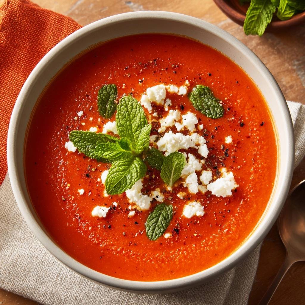 Cremige Tomatensuppe mit Feta und Minze, garniert mit frischen Minzblättern und zerbröseltem Feta.