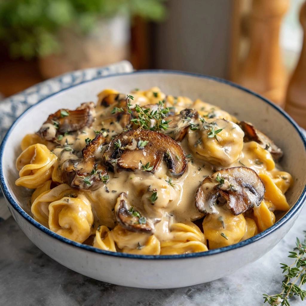 Cremigepilztortellini Detailaufnahme Pilze Soe 1 Cremige Pilz-Tortellini mit reichlich cremiger Soße und gebratenen Pilzscheiben, garniert mit frischen Kräutern.