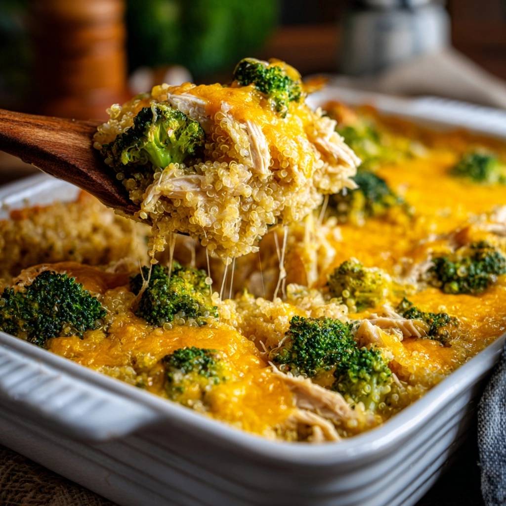 Cremiger Brokkoli-Quinoa-Auflauf mit Hähnchen, aus einer Auflaufform geschöpft, mit zart schmelzendem Käse.