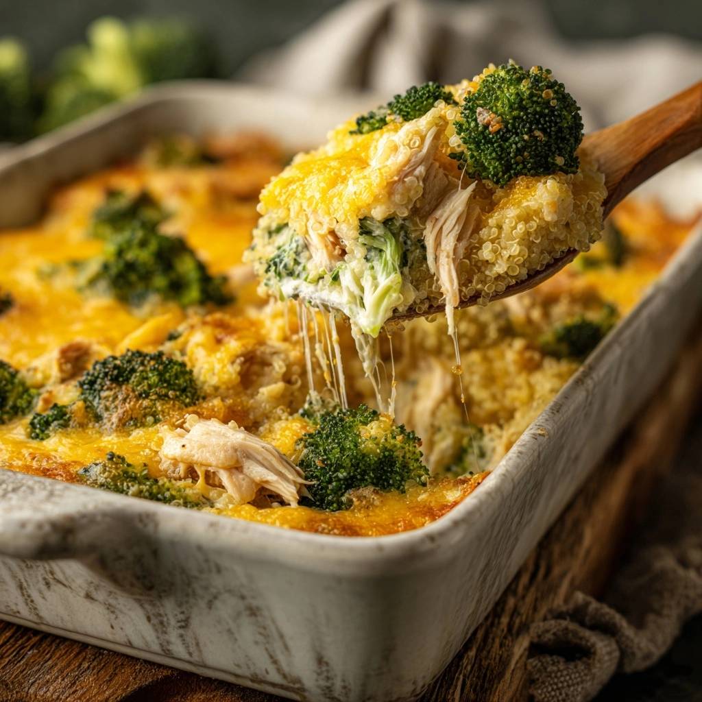 Cremiger Brokkoli-Quinoa-Auflauf mit Hähnchen, eine Portion mit geschmolzenem Käse wird mit einem Holzlöffel herausgehoben.