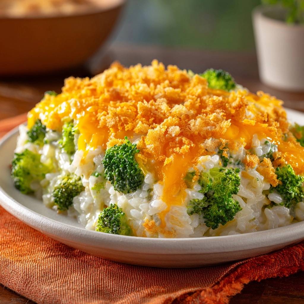 Cremiger Brokkoli-Reis-Auflauf mit geschmolzenem Käse und knuspriger Brotkrümel-Kruste als Nahaufnahme.