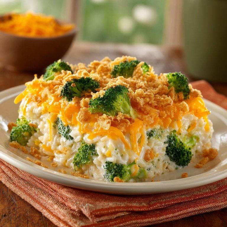 Cremiger Brokkoli-Reis-Auflauf als Nahaufnahme mit Käse und knusprigem Topping auf einem Teller.