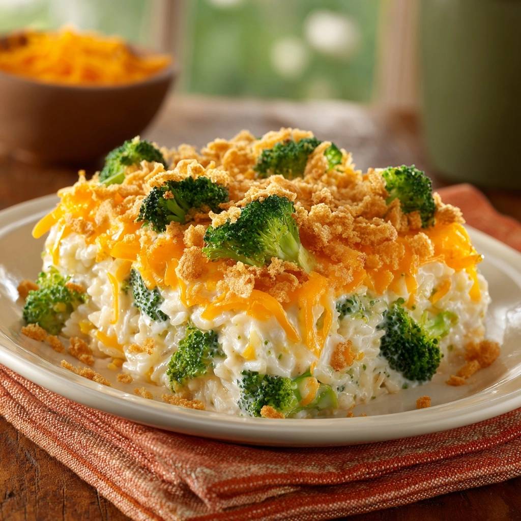 Cremiger Brokkoli-Reis-Auflauf als Nahaufnahme mit Käse und knusprigem Topping auf einem Teller.