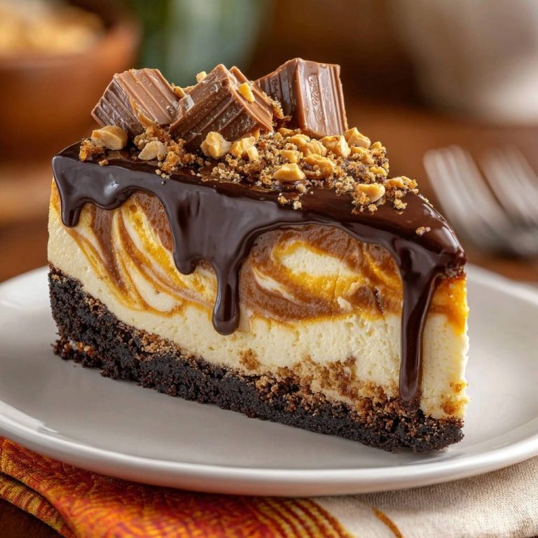 Cremiger Erdnussbutter-Schokoladen-Cheesecake als angeschnittene Portion mit Schokoladenglasur und Erdnüssen garniert
