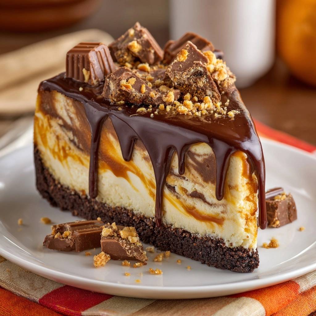 Cremiger Erndnussbutter Schokoladen Cheesecake Angeschnitten 1 Cremiger Erdnussbutter-Schokoladen-Cheesecake ohne Risse, als einzelnes Stück auf einem Teller mit Schokoladen- und Erdnussbutter-Topping.