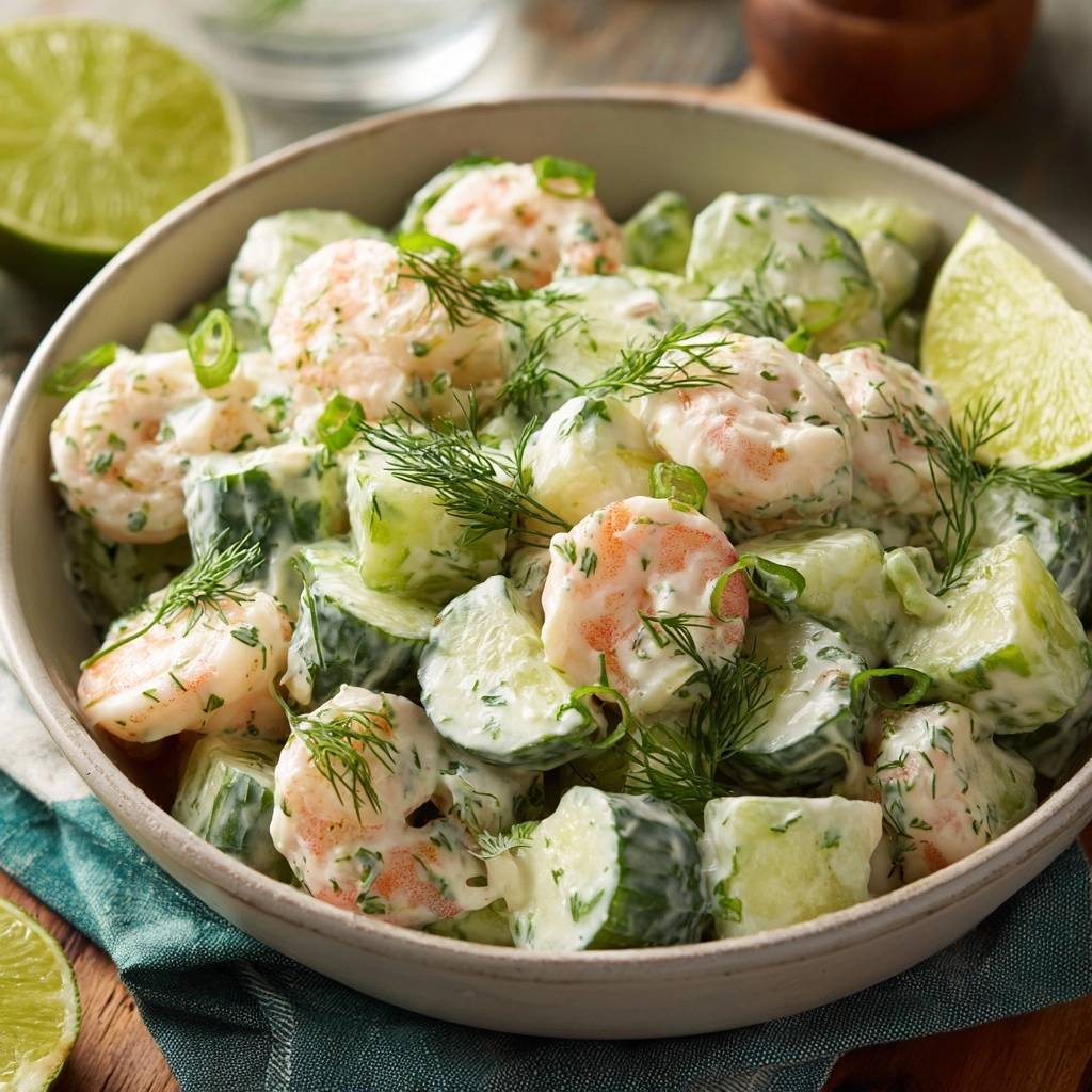 Cremiger Garnelen Gurken Salat Nahaufnahme 1 Cremiger Garnelen-Gurken-Salat in einer Schüssel, nahaufnahme mit Dill und Limette garniert.
