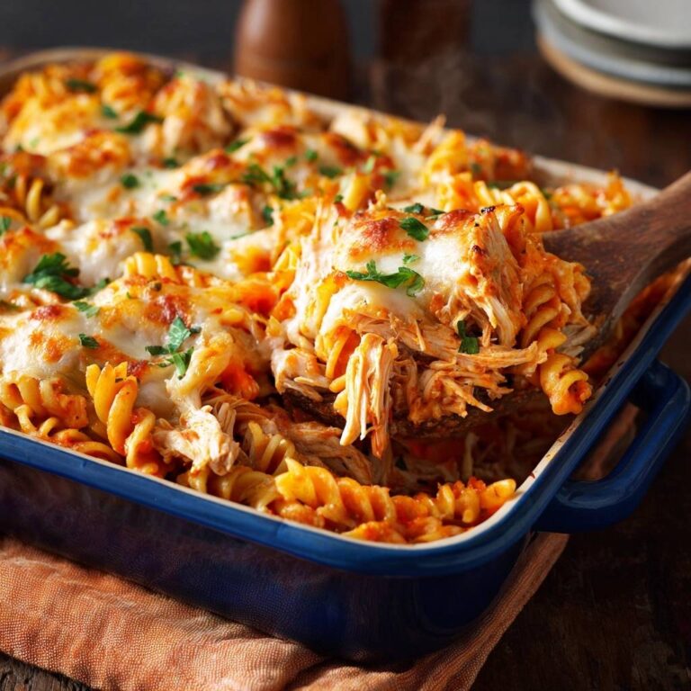 Cremiger Hähnchen-Pasta-Auflauf mit geschmolzenem Käse und frischer Petersilie, von einer Holzschaufel serviert.