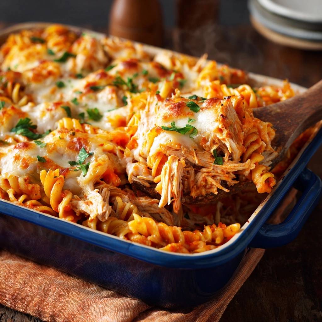 Cremiger Hähnchen-Pasta-Auflauf mit geschmolzenem Käse und frischer Petersilie, von einer Holzschaufel serviert.
