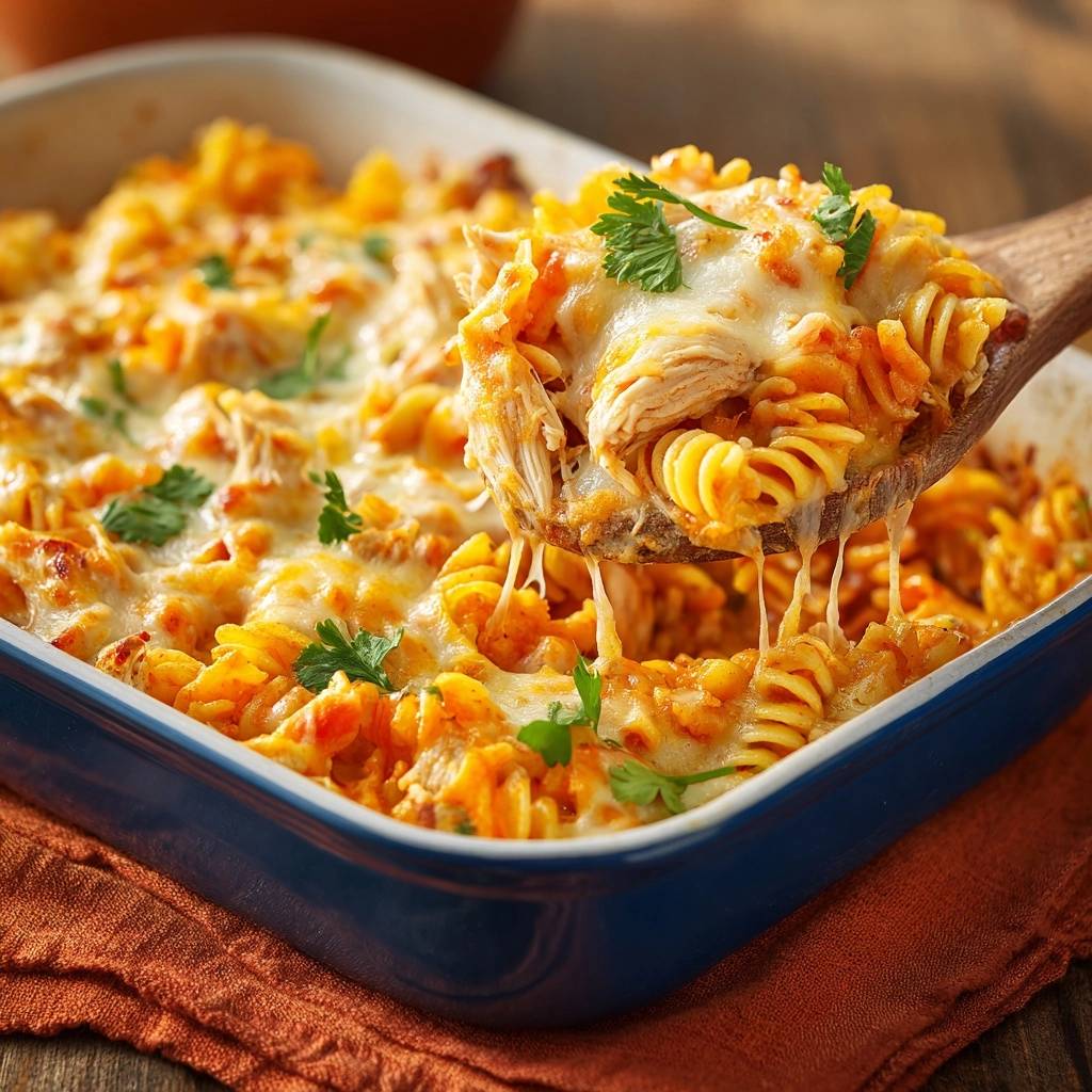 Cremiger Haehnchen Pasta Auflauf Geschmolzener Kaese 1 Cremiger Hähnchen-Pasta-Auflauf mit geschmolzenem Käse, der von einem Holzlöffel herunterhängt und mit Petersilie garniert ist.