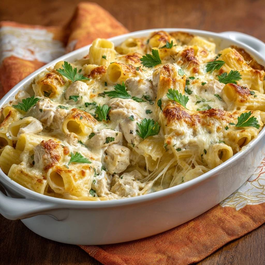 Cremiger Hähnchen-Pasta-Auflauf mit geschmolzenem Käse und Petersilie, Nahaufnahme des gebackenen Gerichts.