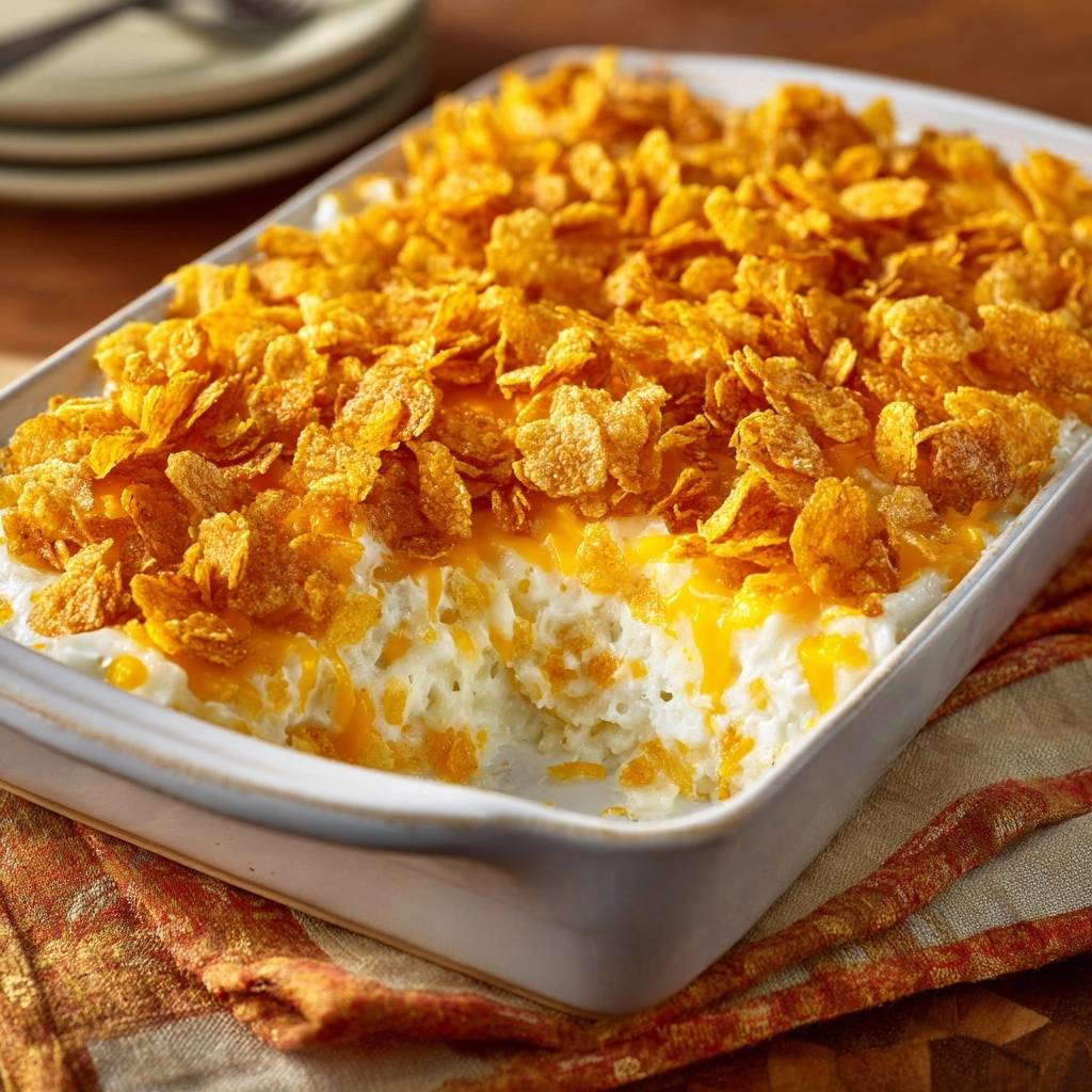 Cremiger Kartoffelauflauf Detail Cornflakes Kruste 1 Cremiger Kartoffelauflauf mit Cornflakes-Kruste, Nahaufnahme der knusprigen Cornflakes-Decke und geschmolzenem Käse.