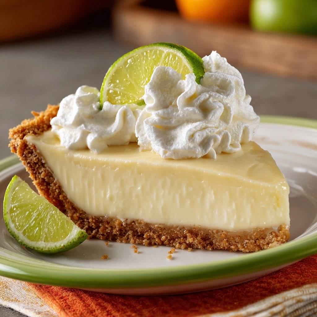 Cremiger Key Lime Pie Angeschnitten 1 Cremiger Key Lime Pie als einzelnes Stück auf einem Teller mit Schlagsahne und Limettenscheibe garniert