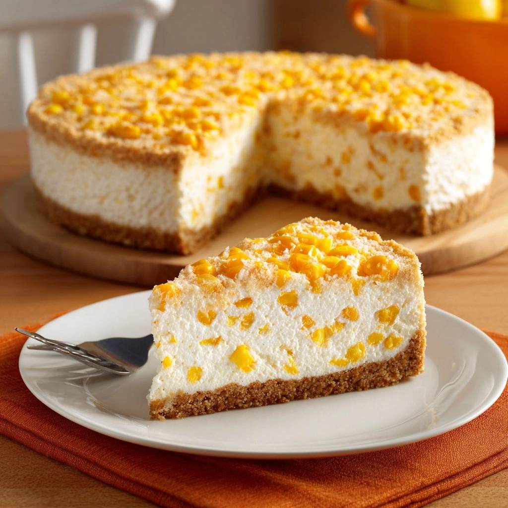 Cremiger Mandarinen-Quark-Kuchen, ein angeschnittenes Stück auf einem Teller mit zerbröseltem Boden und Mandarinenstücken.
