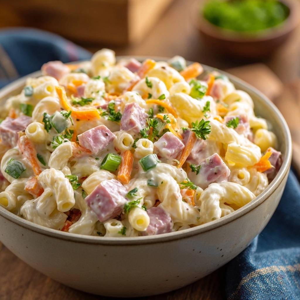 Cremiger Nudelsalat Mit Schinken Nahaufnahme 1 Cremiger Nudelsalat mit Schinken und Karotten als Nahaufnahme in einer Schüssel mit frischer Petersilie garniert.