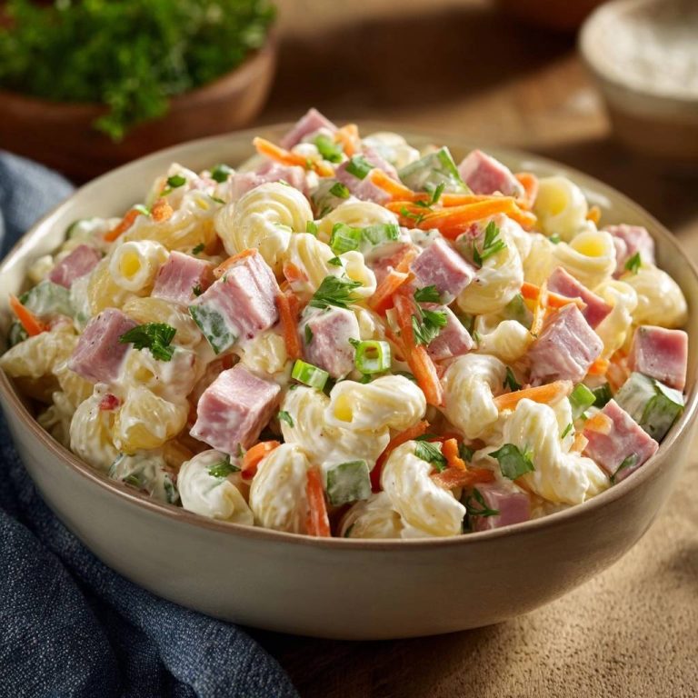 Cremiger Nudelsalat mit Schinken und Karotten, eine Nahaufnahme mit Makroninudeln und herzhaften Schinkenwürfeln.