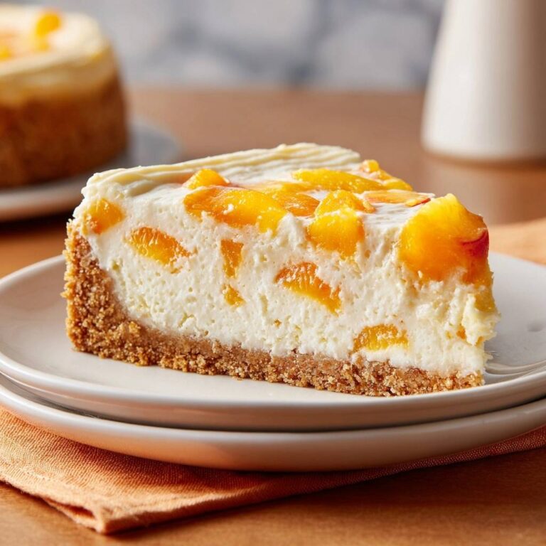 Cremiger Pfirsich-Käsekuchen mit einem Keksboden, angeschnitten auf einem Teller mit Pfirsichstücken im Inneren.