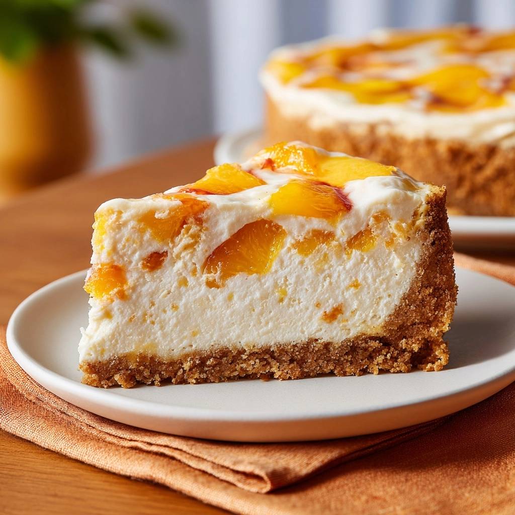 Cremiger Pfirsich Kaesekuchen Angeschnittene Portion 1 Cremiger Pfirsich-Käsekuchen, eine angeschnittene Portion auf einem Teller mit Pfirsichstücken im cremigen Inneren und einem Keksboden.