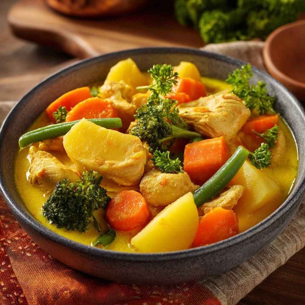 Cremiges Curry Huhn Gemuese Nahaufnahme 1 Cremiges Curry-Hähnchen mit Gemüse, eine Nahaufnahme des reichhaltigen Gerichts mit Kartoffeln, Karotten und Brokkoli.