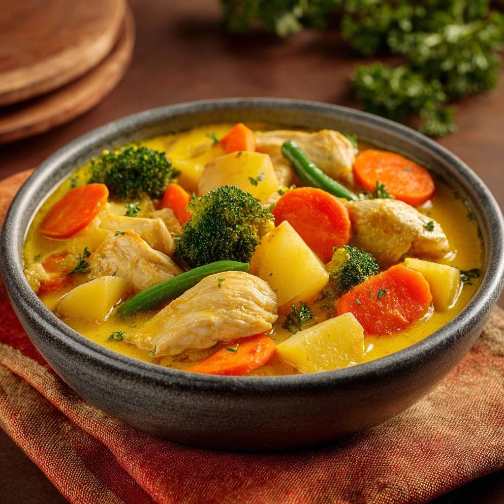 Cremiges Curry-Hähnchen mit Gemüse, eine Nahaufnahme der servierten Portion mit Kartoffeln, Karotten und Brokkoli in einer gelben Sauce.