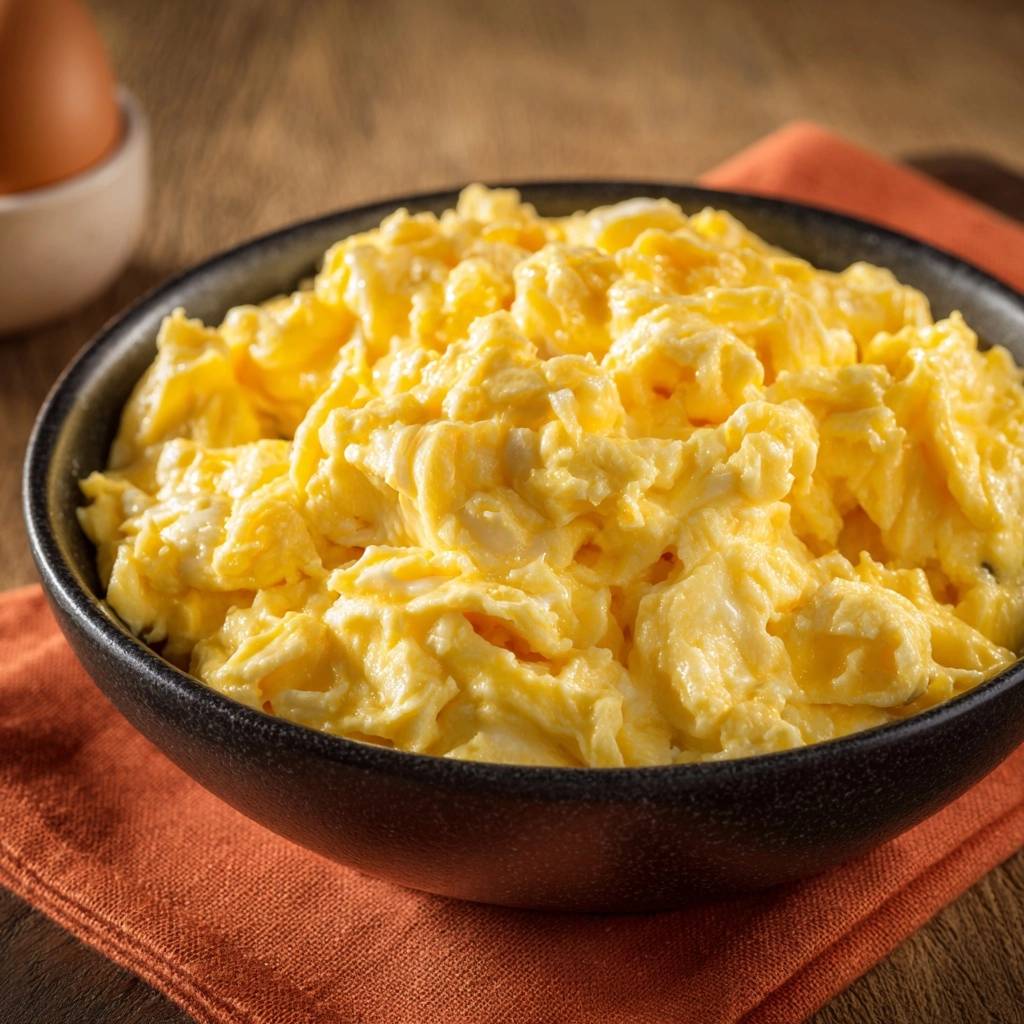 Cremiges Gourmet Ruehrei Schuessel Nahaufnahme 1 Cremiges Gourmet-Rührei in einer schwarzen Schüssel, nah aufgenommen, mit Fokus auf die zarte Textur der Eier.