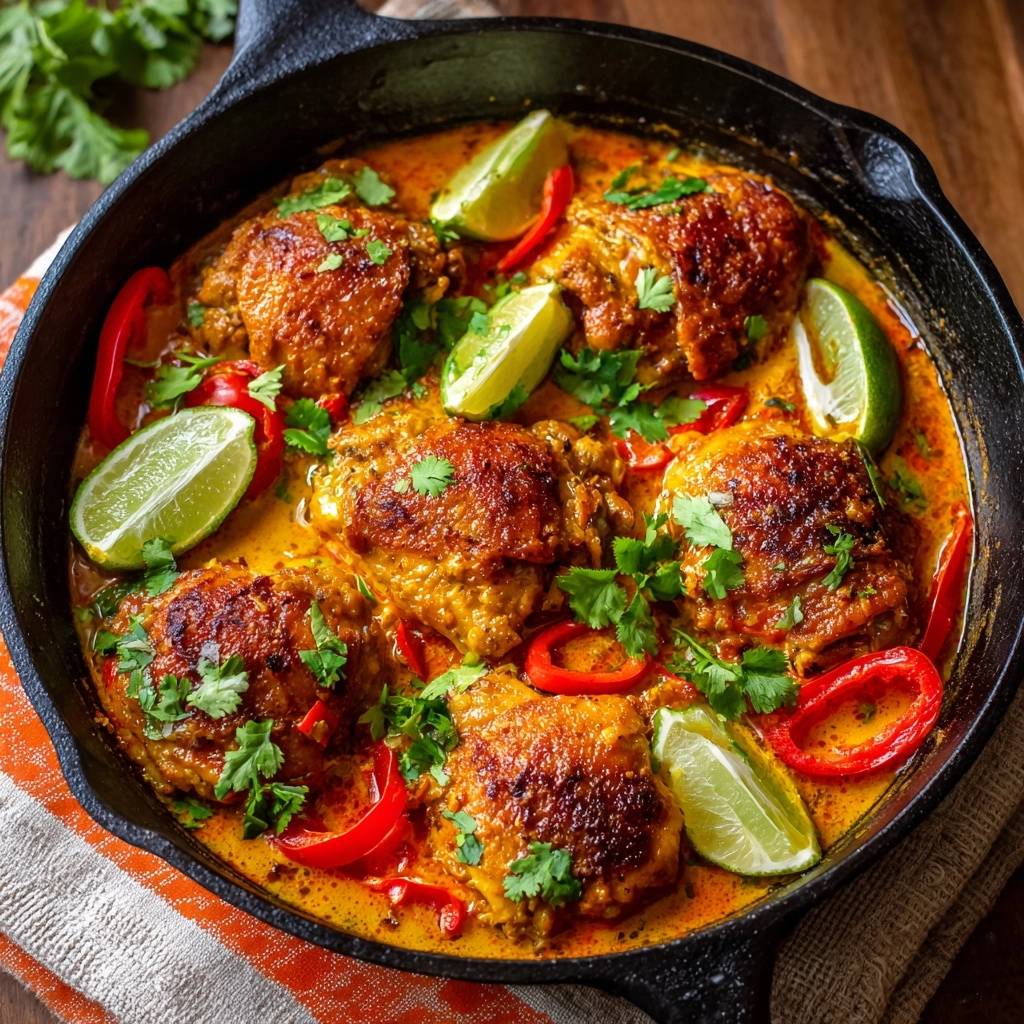 Cremiges Kokos Curry Huhn In Pfanne Garniert 1 Cremiges Kokos-Curry-Hähnchen mit knuspriger Haut, serviert in einer Gusseisenpfanne und garniert mit Limettenspalten und Koriander.