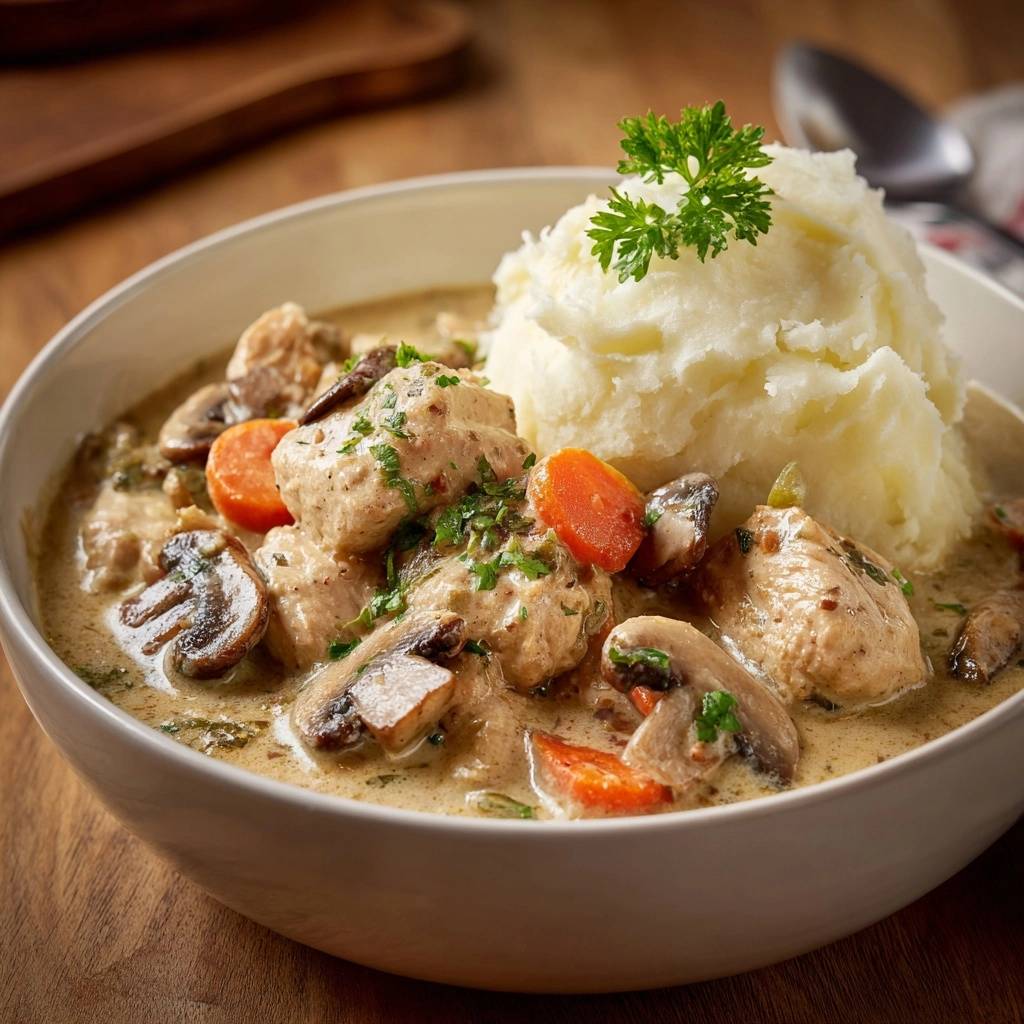 Cremiges Pilz-Hähnchen-Geschnetzeltes serviert mit einer Portion Kartoffelpüree und garniert mit Petersilie.