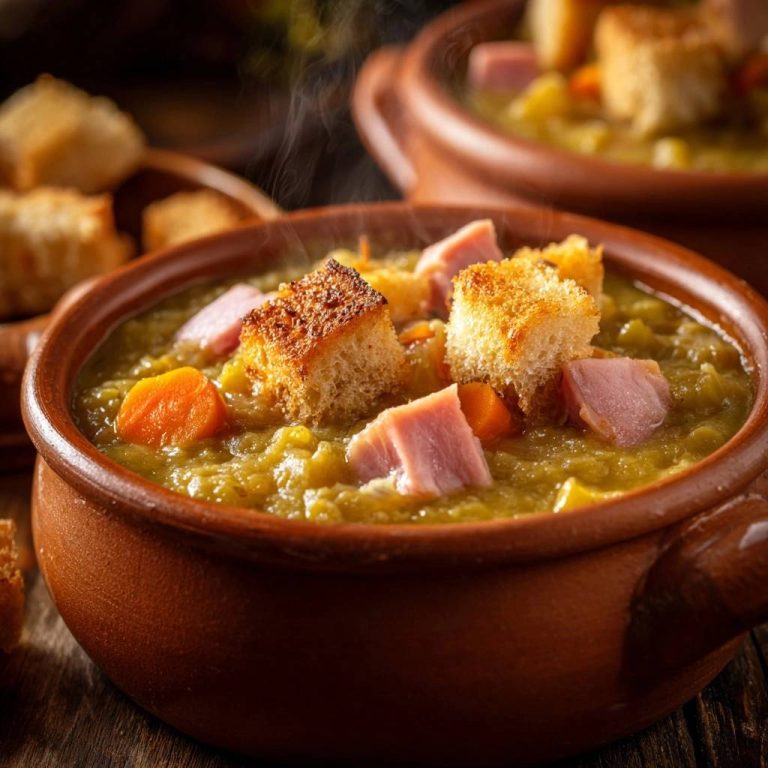 Deftiger Erbseneintopf mit Schinken und Croutons, heiß und dampfend in einer Tonschüssel serviert, Nahaufnahme der Garnitur.