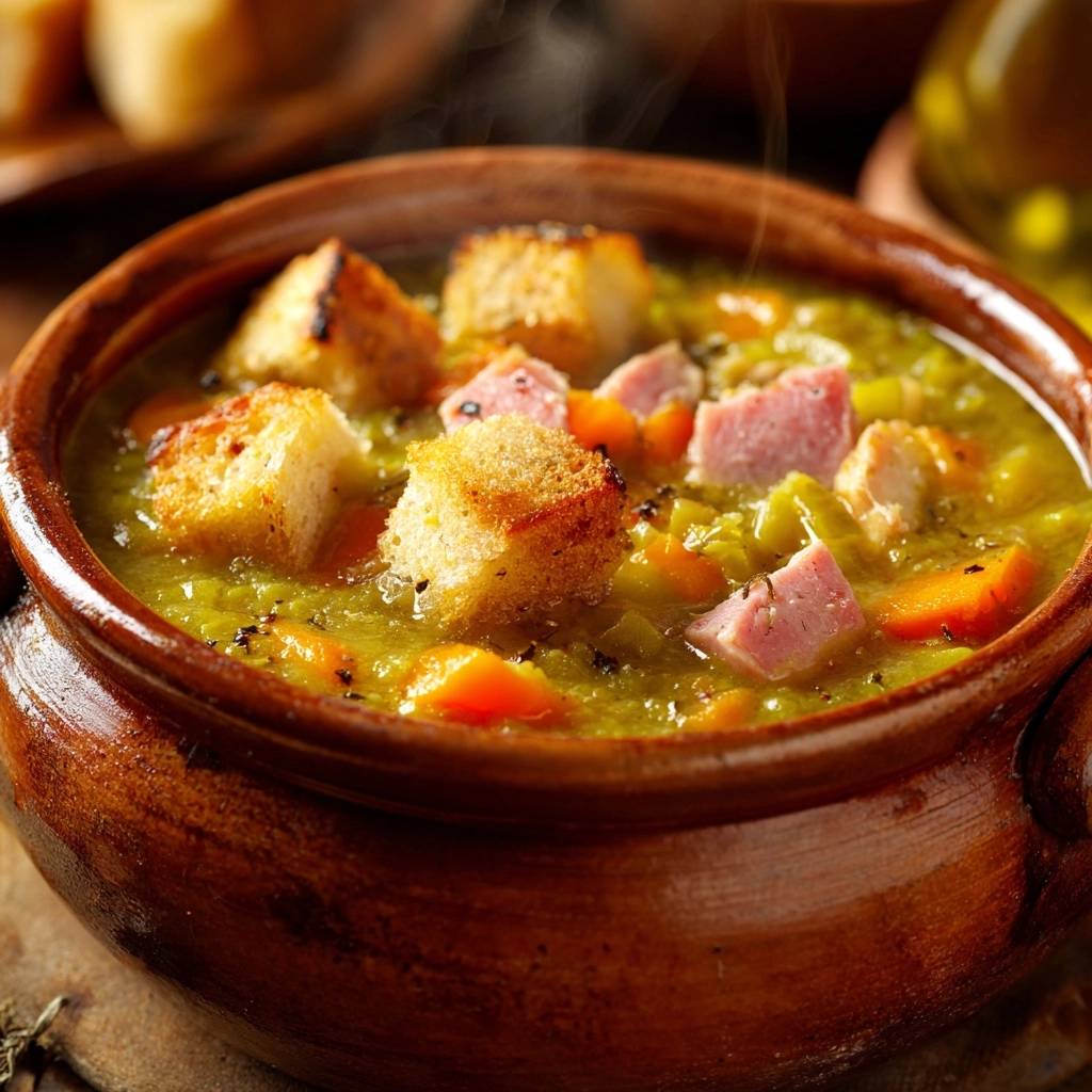 Erbseneintopf Mit Schinken Nahaufnahme Krutons 1 Deftiger Erbseneintopf mit Schinken, serviert in einer braunen Schüssel mit Croutons und Karotten, Nahaufnahme der dampfenden Suppe.