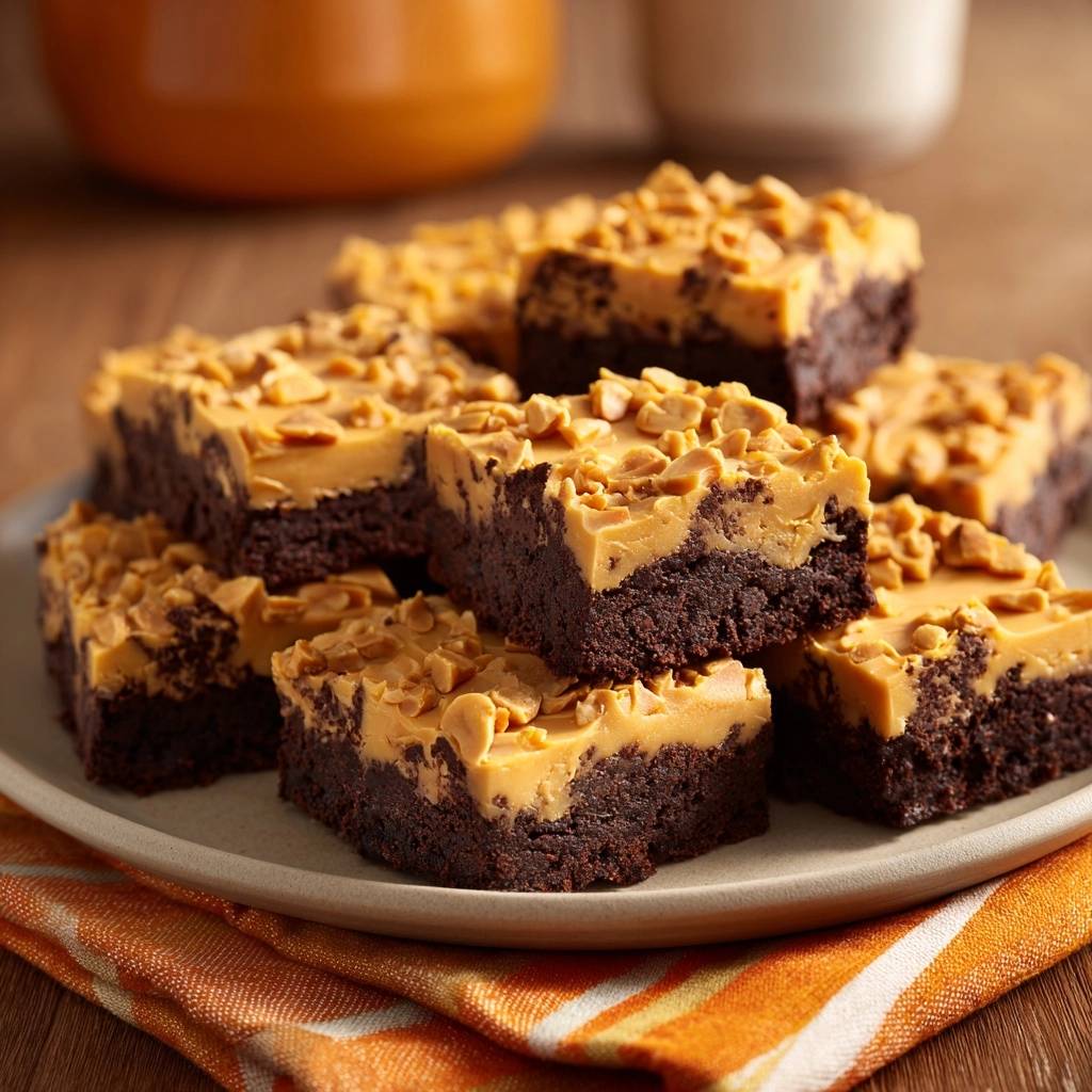 Erdnussbutter Schokoladen Brownies Detail Garnitur 1 Erdnussbutter-Schokoladen-Brownies mit Erdnussbutter-Topping und gehackten Erdnüssen sind saftig und fudgy.