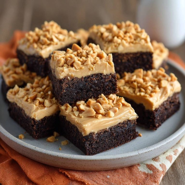 Erdnussbutter-Schokoladen-Brownies mit Erdnüssen garniert, serviert auf einem Teller mit einer Nahaufnahme der saftigen und fudgy Textur.