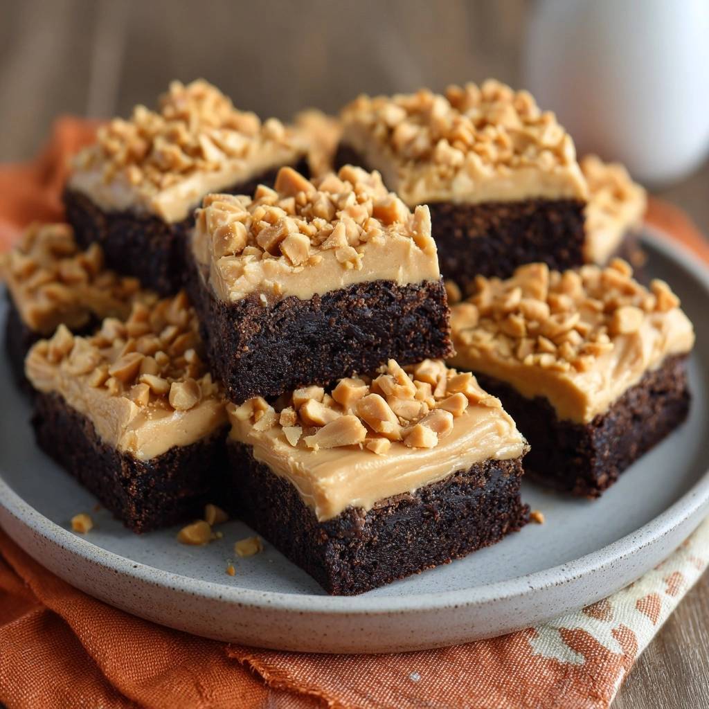 Erdnussbutter-Schokoladen-Brownies mit Erdnüssen garniert, serviert auf einem Teller mit einer Nahaufnahme der saftigen und fudgy Textur.