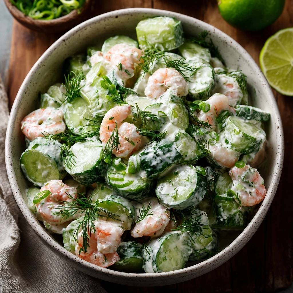 Cremiger Garnelen-Gurken-Salat in einer Schüssel mit Dill garniert, Nahaufnahme der Zutaten.
