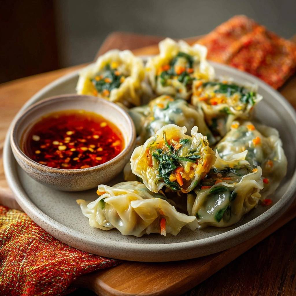 Gedämpfte Gemüse-Dumplings im Anschnitt auf einem Teller mit einem Schälchen scharfer Dip-Sauce, detailreiche Nahaufnahme.