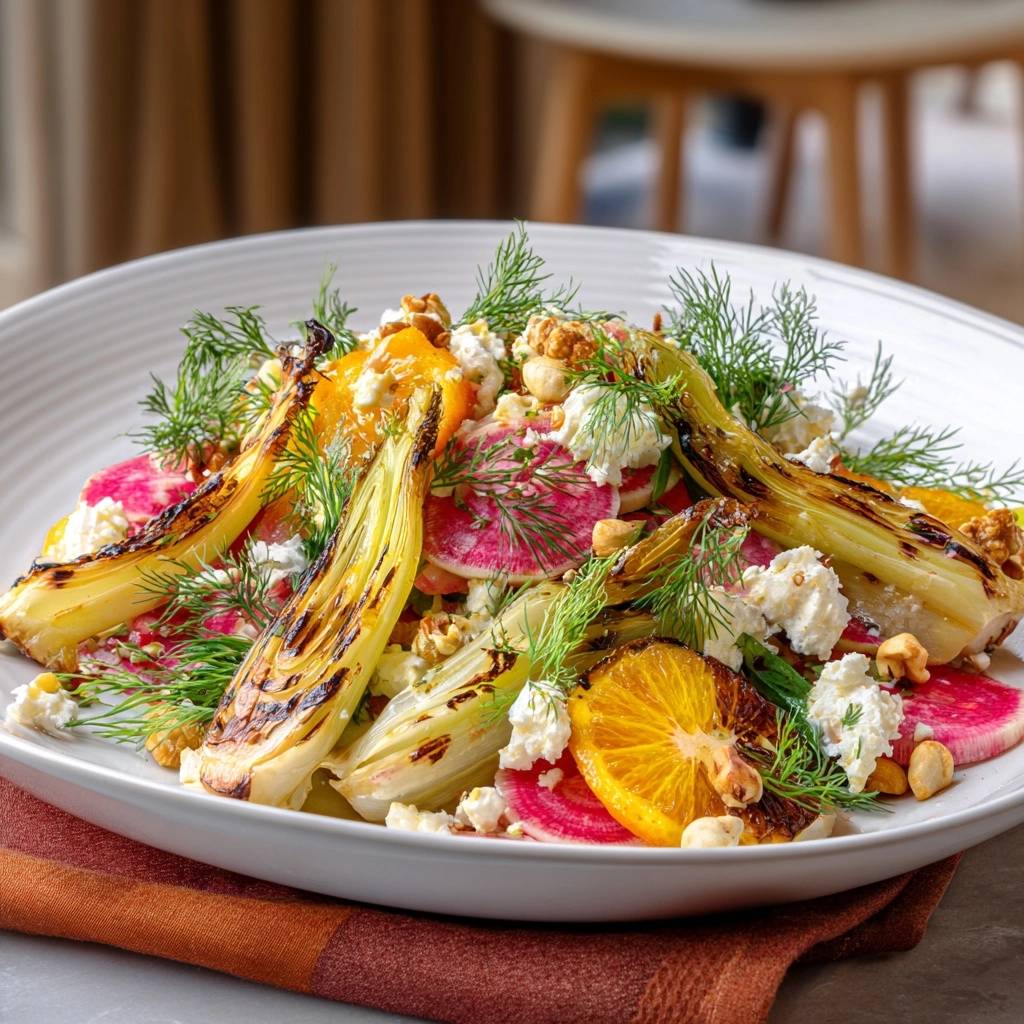 Gegrillter Pak Choi Mit Zitrus Vinaigrette Garniert 1 Gegrillter Pak Choi mit Zitrus-Vinaigrette, garniert mit Ziegenkäse, Nüssen und Dill auf einem Teller.