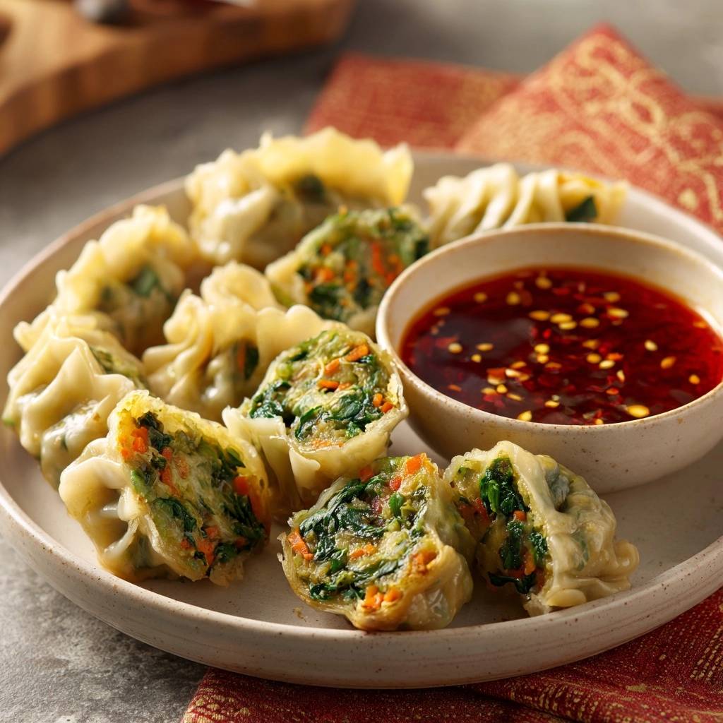 Gedämpfte Gemüse-Dumplings angeschnitten mit detaillierter Innenansicht von Spinat und Karotten, serviert mit Dip.