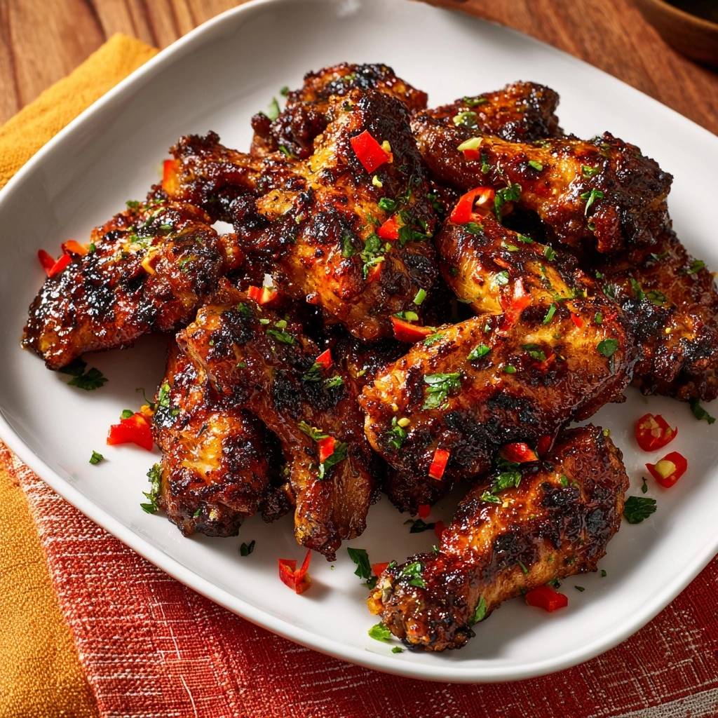 Glasierte Chili-Knoblauch-Chicken Wings mit frischer Petersilie und rotem Chili garniert, im Detail auf einem weißen Teller präsentiert.