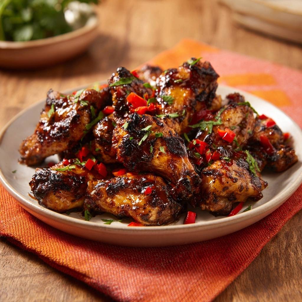 Glasierte Chili Knoblauch Chicken Wings Garniert 1 Glasierte Chili-Knoblauch-Chicken Wings mit gehackten roten Chilis und Petersilie garniert auf einem Teller, außen kross und klebrig.