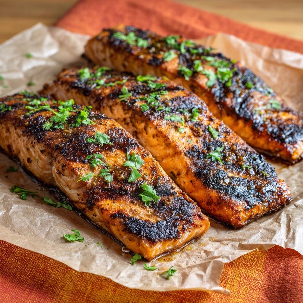 Glasierter Lachs Blackened Kruste Detail Garnitur 1 Glasierter Lachs mit Blackened-Kruste, garniert mit frischer Petersilie und mit Grillstreifen.
